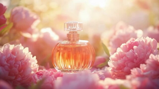 A bottle of perfume is placed on a bed of pink flowers. The bottle is clear and has a gold trim. The flowers are pink and arranged in a way that they surround the bottle