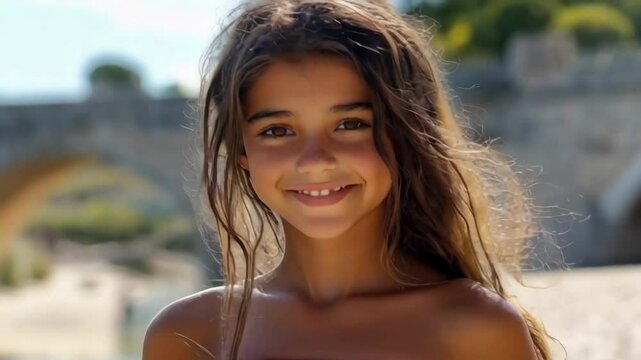 A young woman with long brown hair is standing in front of a bridge. She is wearing a bikini and has a smile on her face