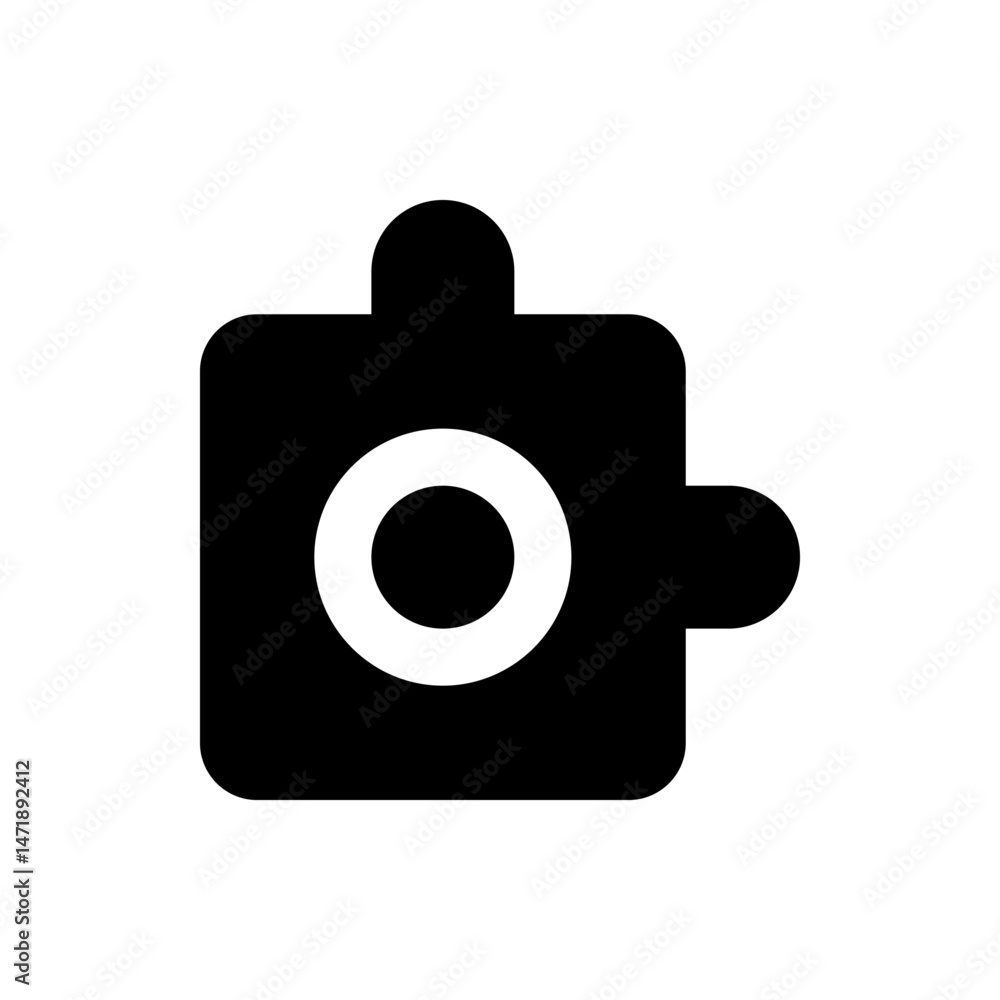 Poster a black puzzle piece with rounded edges and a white circle in the center on a white background image