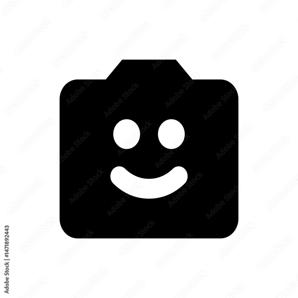 Poster a black icon of a camera with a smiling face consisting of two circles and a curved line design is s