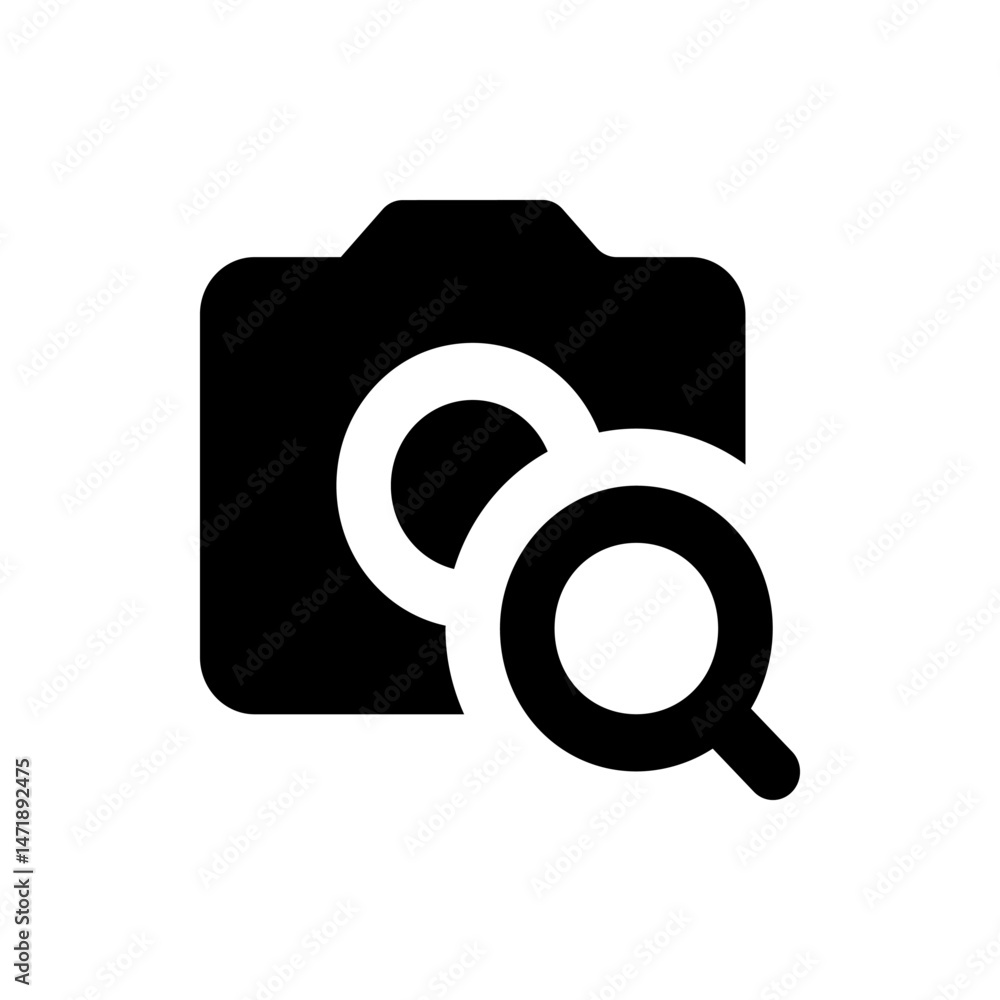Poster camera icon with overlapping magnifying glasses in black and white creating a search photography sym