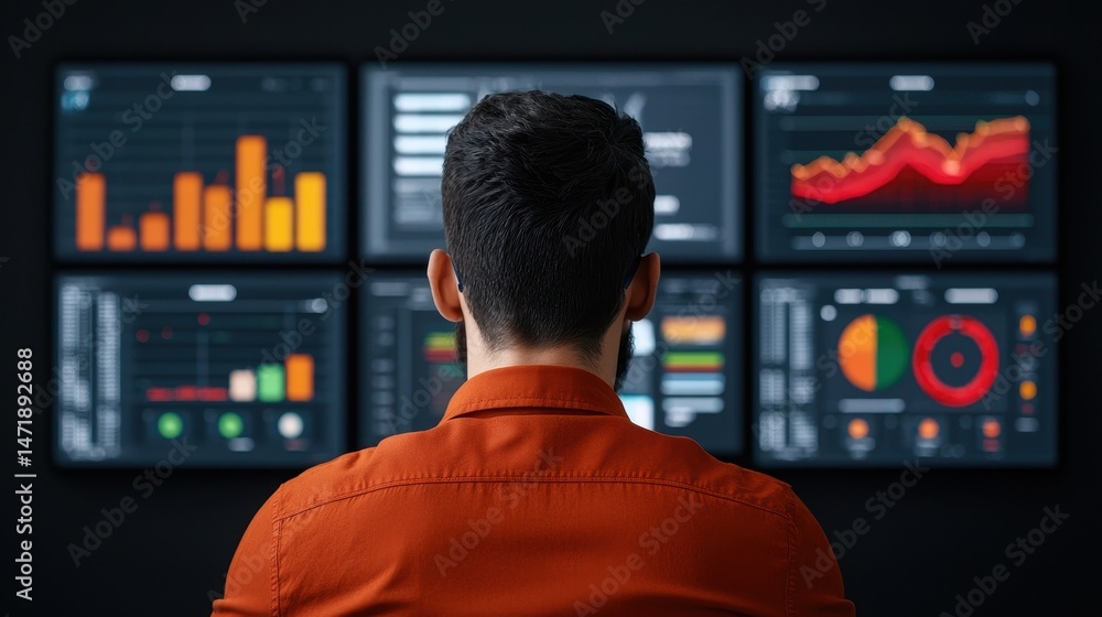 Poster A man analyzes data visualizations on multiple monitors, focusing on charts and graphs in a dark, modern workspace.
