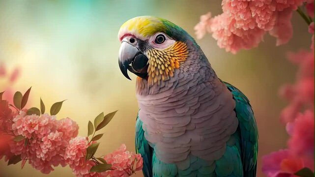 parrot on branch at flowers background