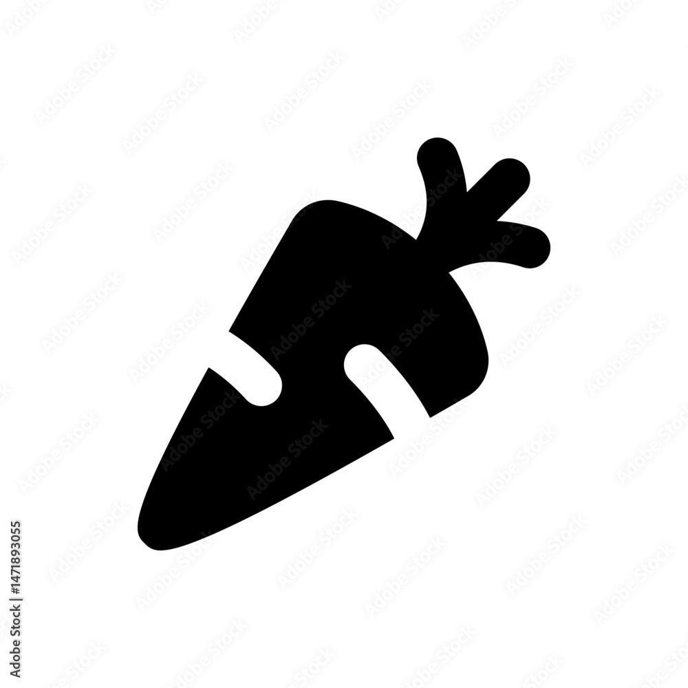 Poster illustration of a stylized black carrot with a pointed end and leafy top on a white background desig