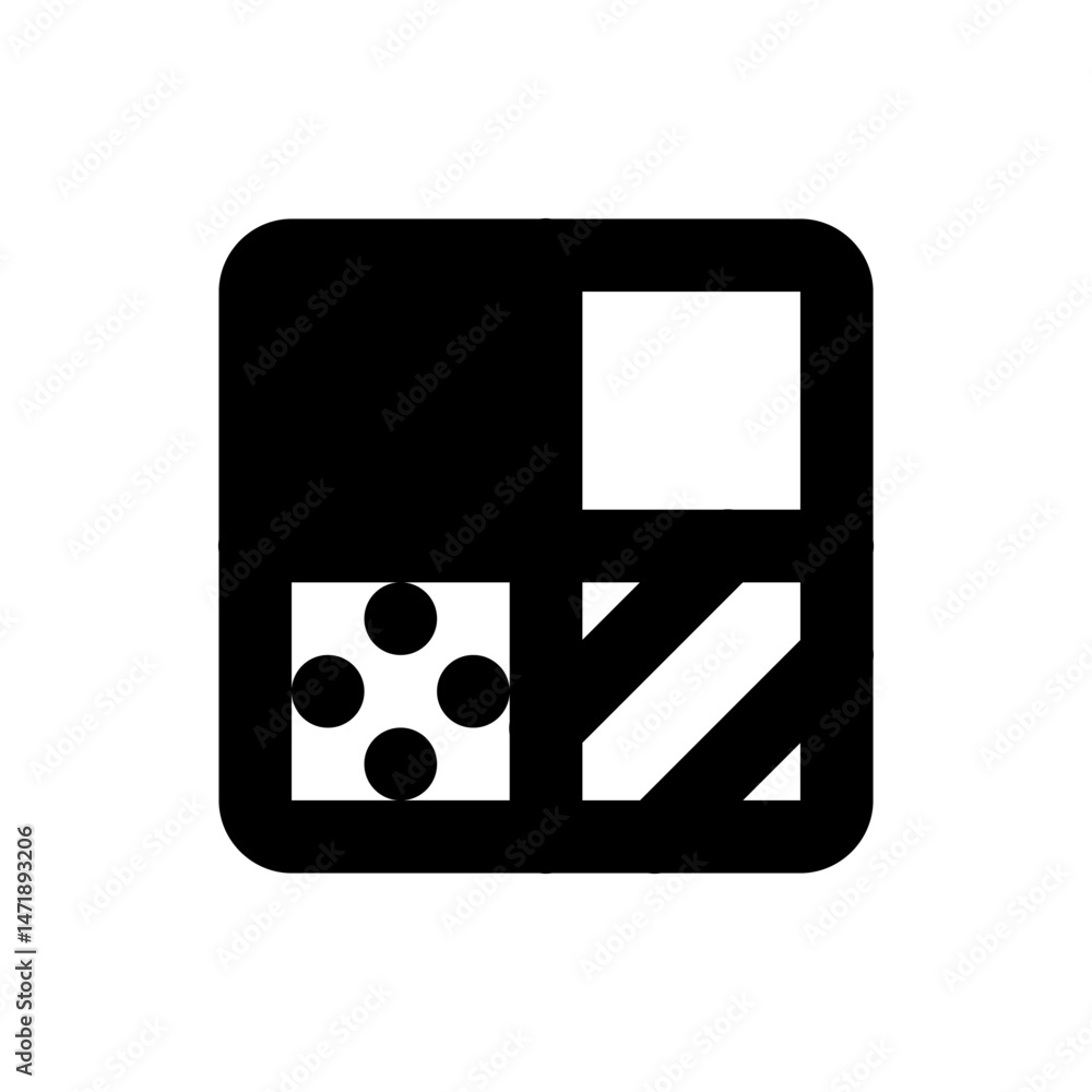 Poster black square with rounded corners containing a white square circles and diagonal lines design elemen