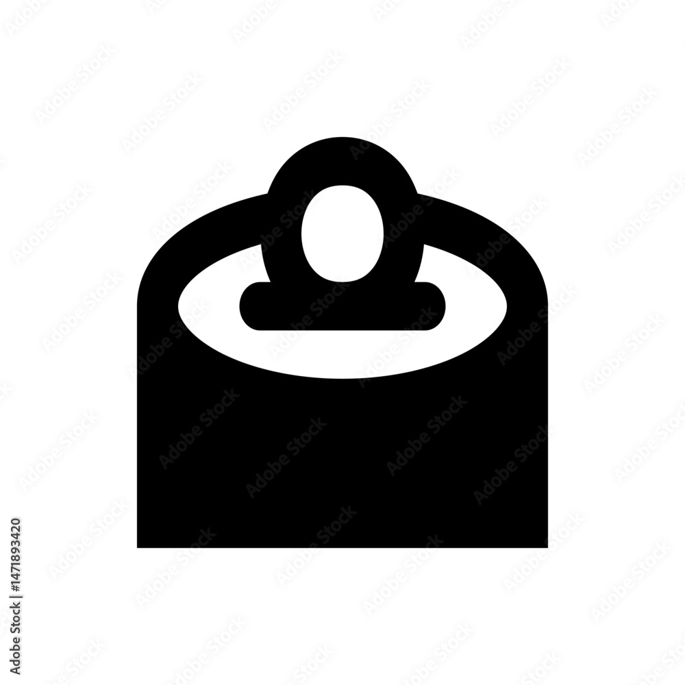 Poster illustration of a black container with a white circle on top and a curved handle design element shap