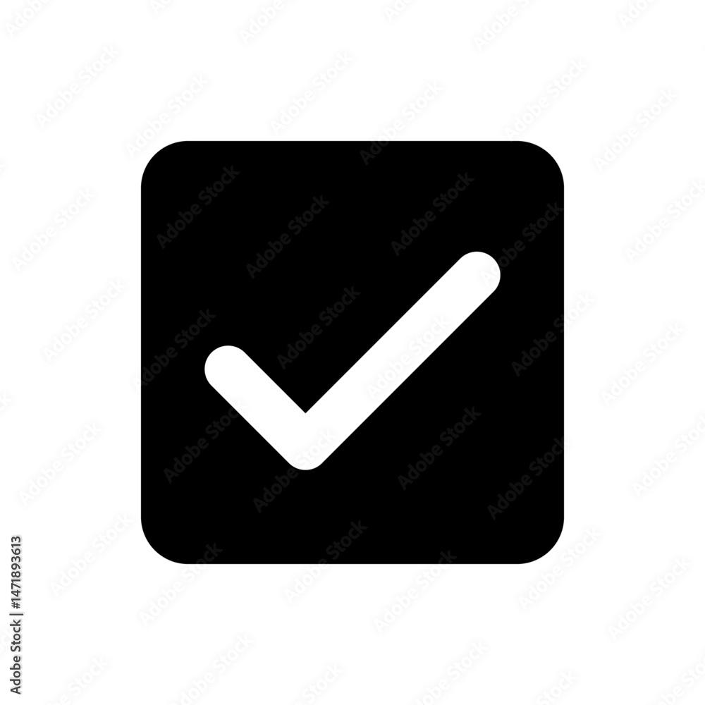 Poster black square with rounded corners containing a white check mark indicating completion or approval st