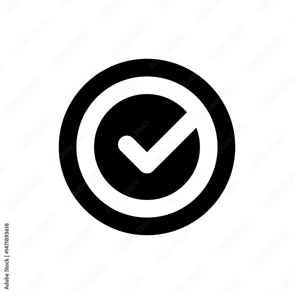 Poster white check mark inside a white circle with a black background and a black outer circle border desig