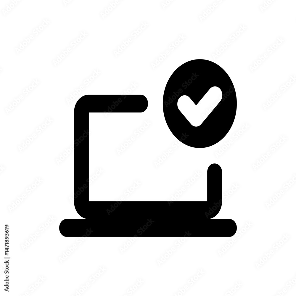 Aufkleber black outline of a laptop with a check mark inside a circle indicating success and completion status