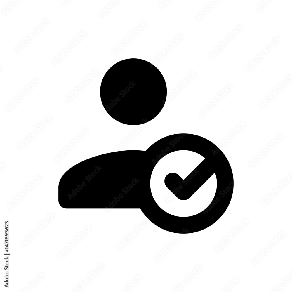 Poster person icon with a check mark inside a circle indicating approval or completion, rendered in black a