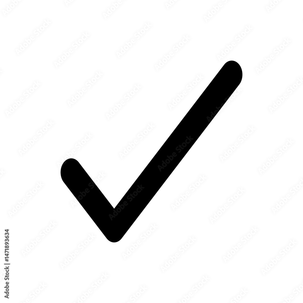 Poster a simple black check mark on a white background indicating approval or completion with clear lines a