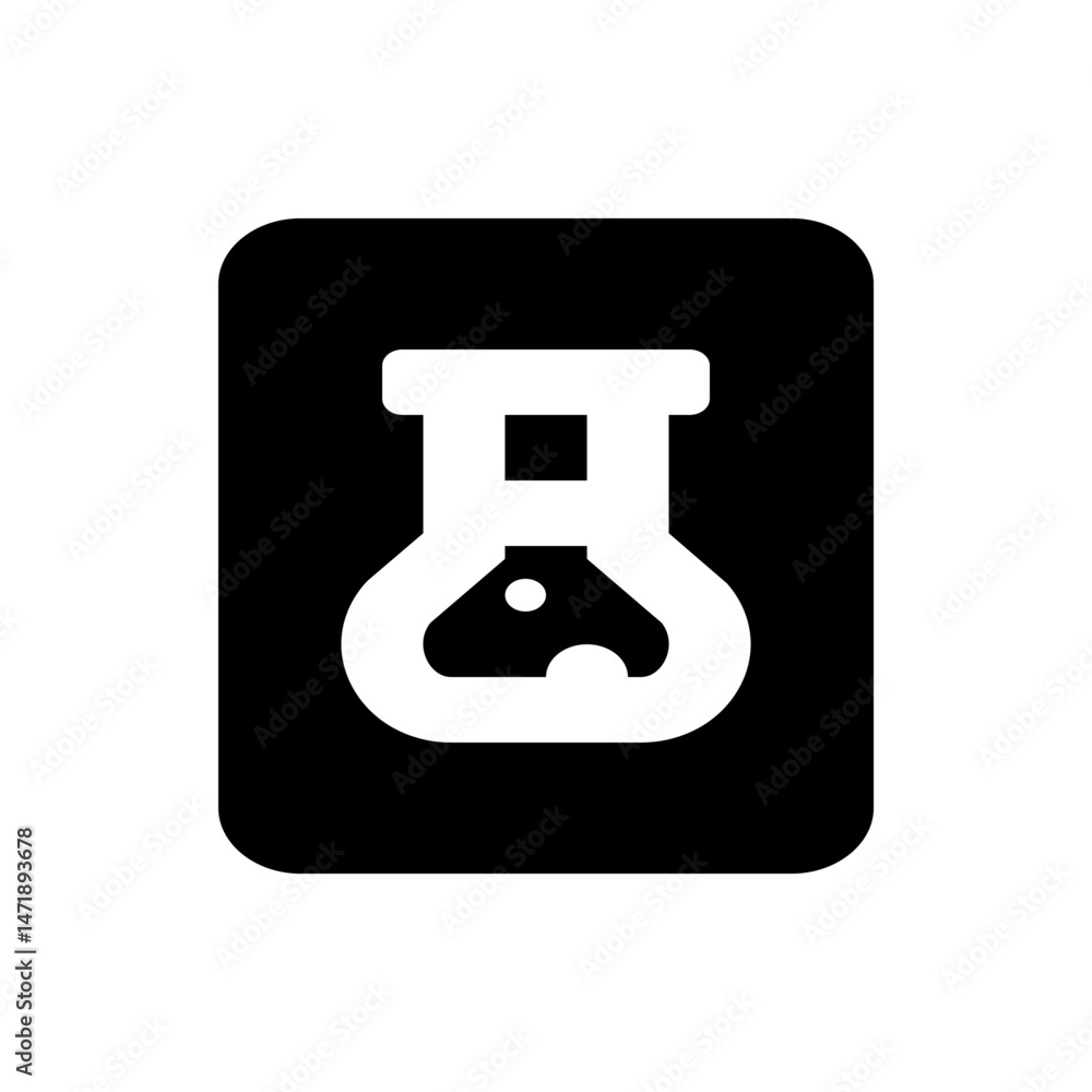 Poster black rounded rectangle containing a white stylized flask with rounded bottom and a square on top