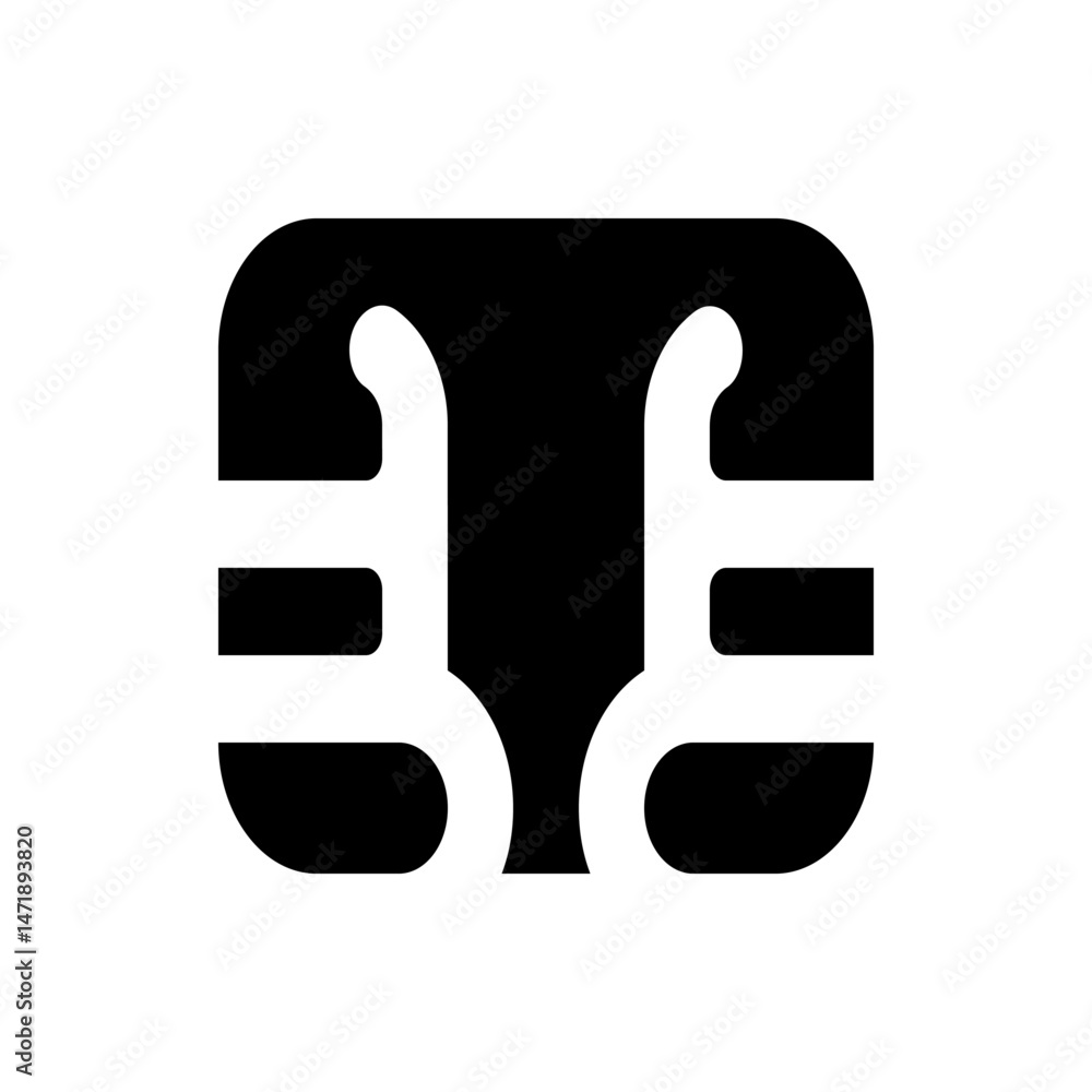 Poster black graphic design featuring a rounded rectangle with symmetrical white shapes and horizontal line