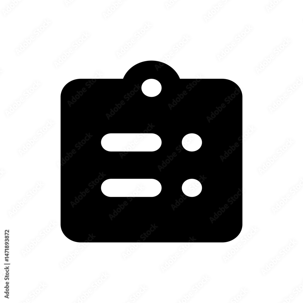 Poster black and white icon of a clipboard with rounded edges and two lines and two circles on the surface 