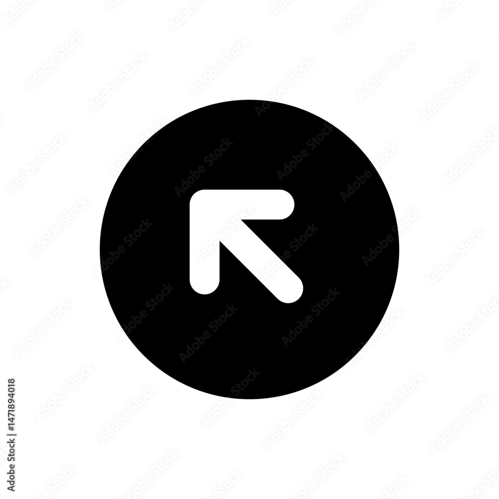 Poster black circle containing a white arrow pointing towards the upper left direction on a plain white bac