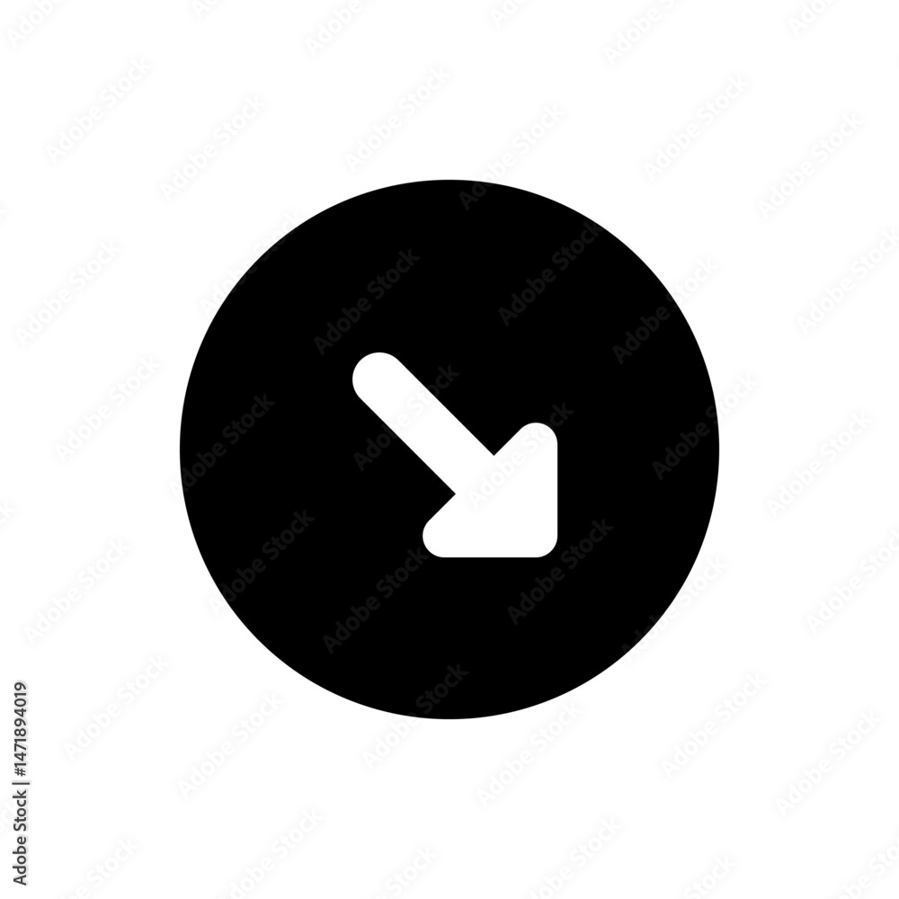 Poster white arrow pointing diagonally down and to the right inside a black circle graphic design element i