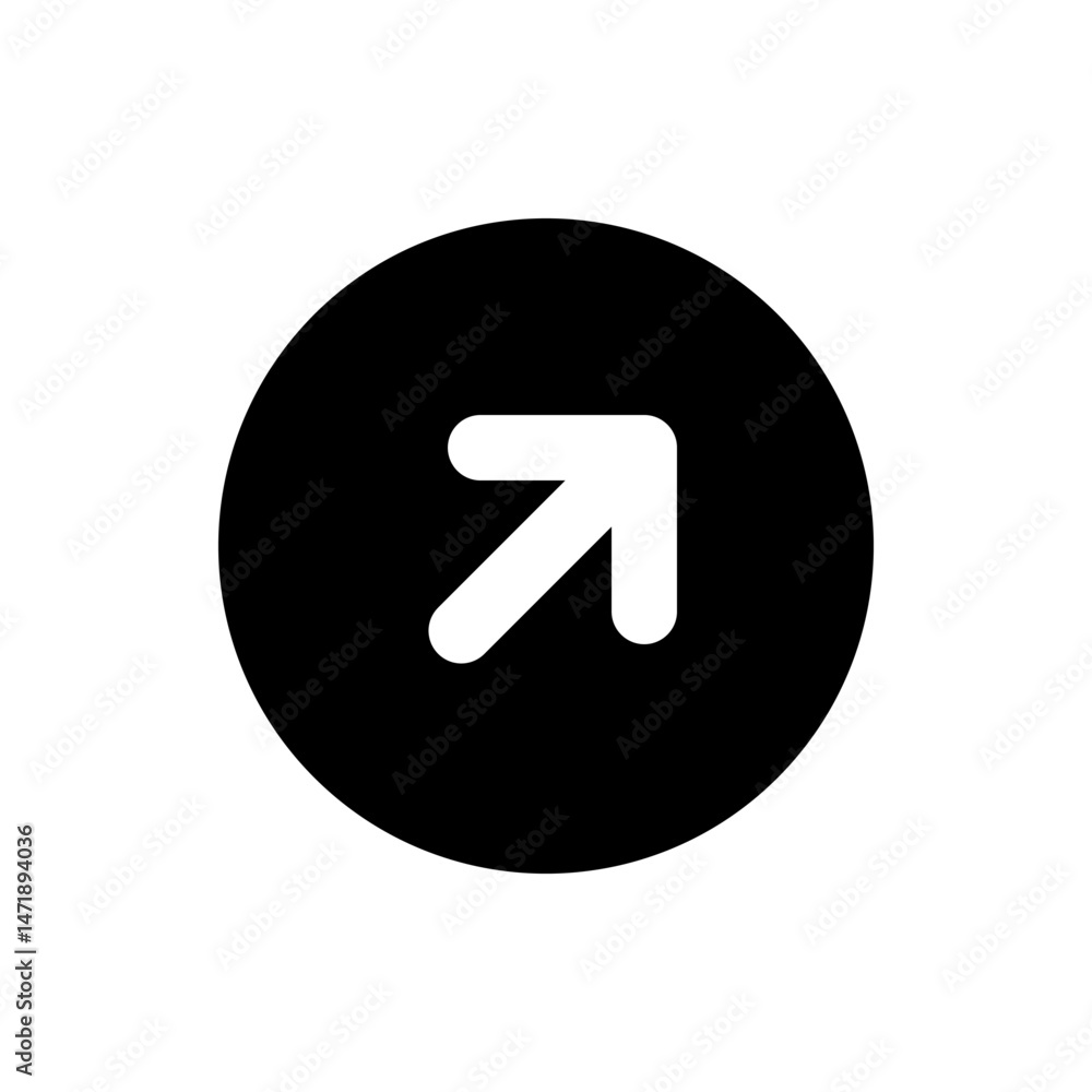 Poster white arrow pointing to the upper right direction inside a black circle on a white background view i