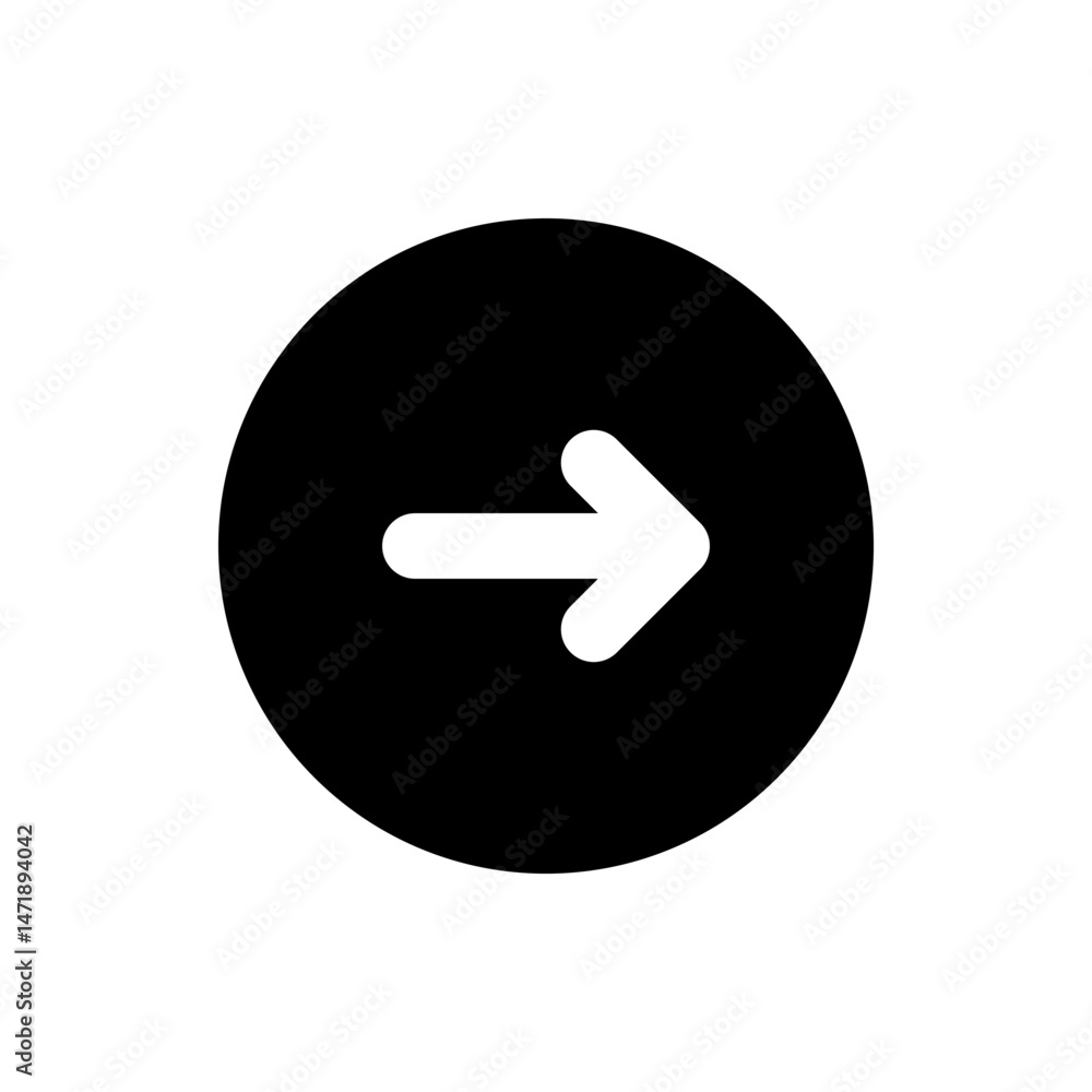 Poster white right arrow inside a black circle pointing towards the right direction indicating navigation n