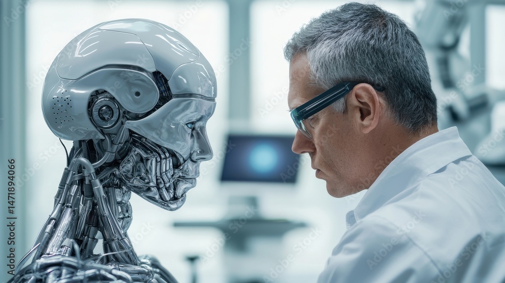 Poster A scientist closely examines a humanoid robot in a high-tech laboratory setting, highlighting human-robot interaction and advanced technology.