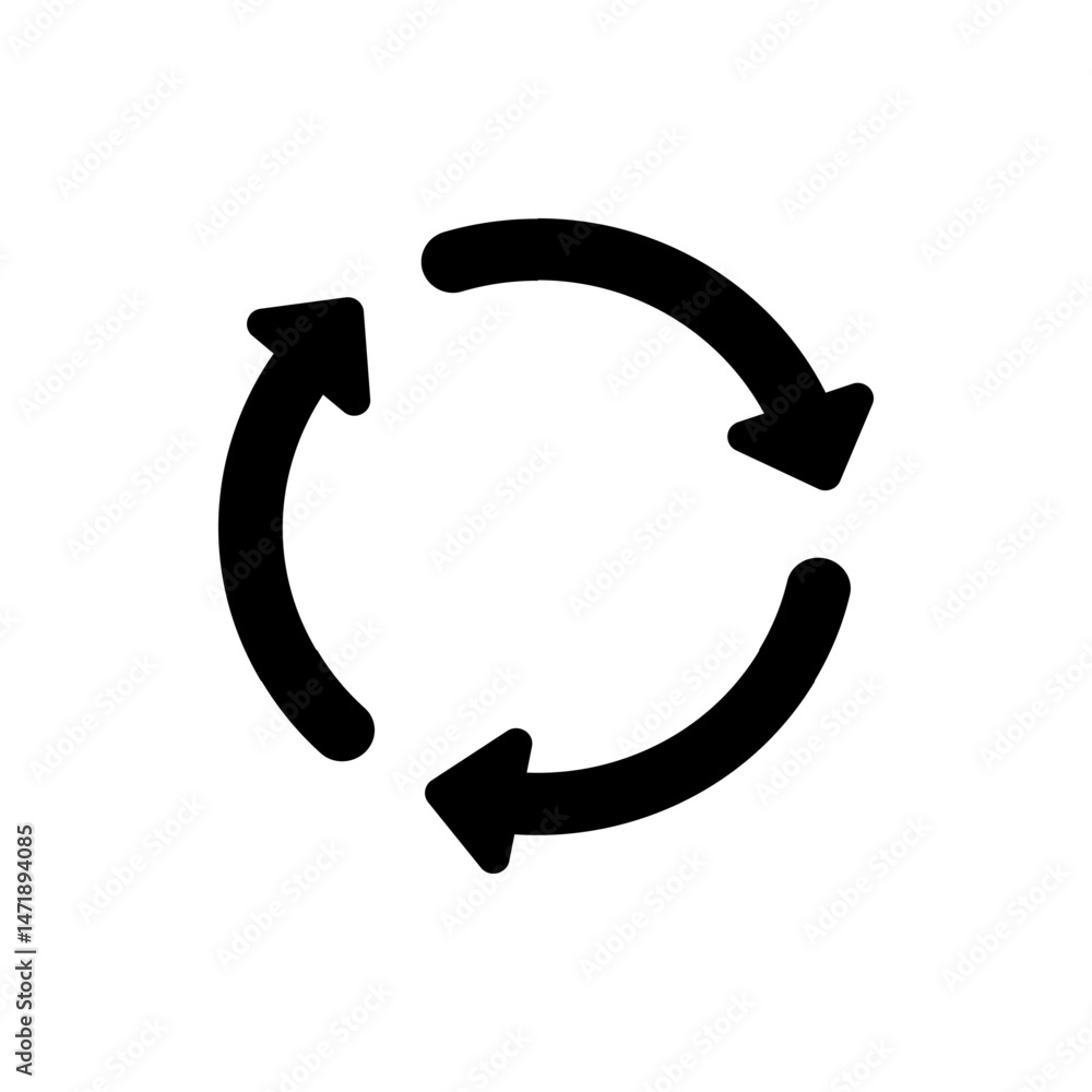 Poster three curved arrows arranged in a circular motion suggesting recycling or rotation in black color to
