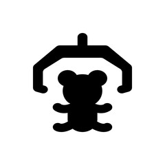 Silhouette of a teddy bear toy being picked up by a claw machine game in a simple black and white design