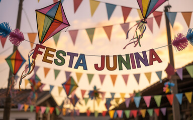 Colorful Festa Junina decorations with traditional kites and vibrant triangular flags
