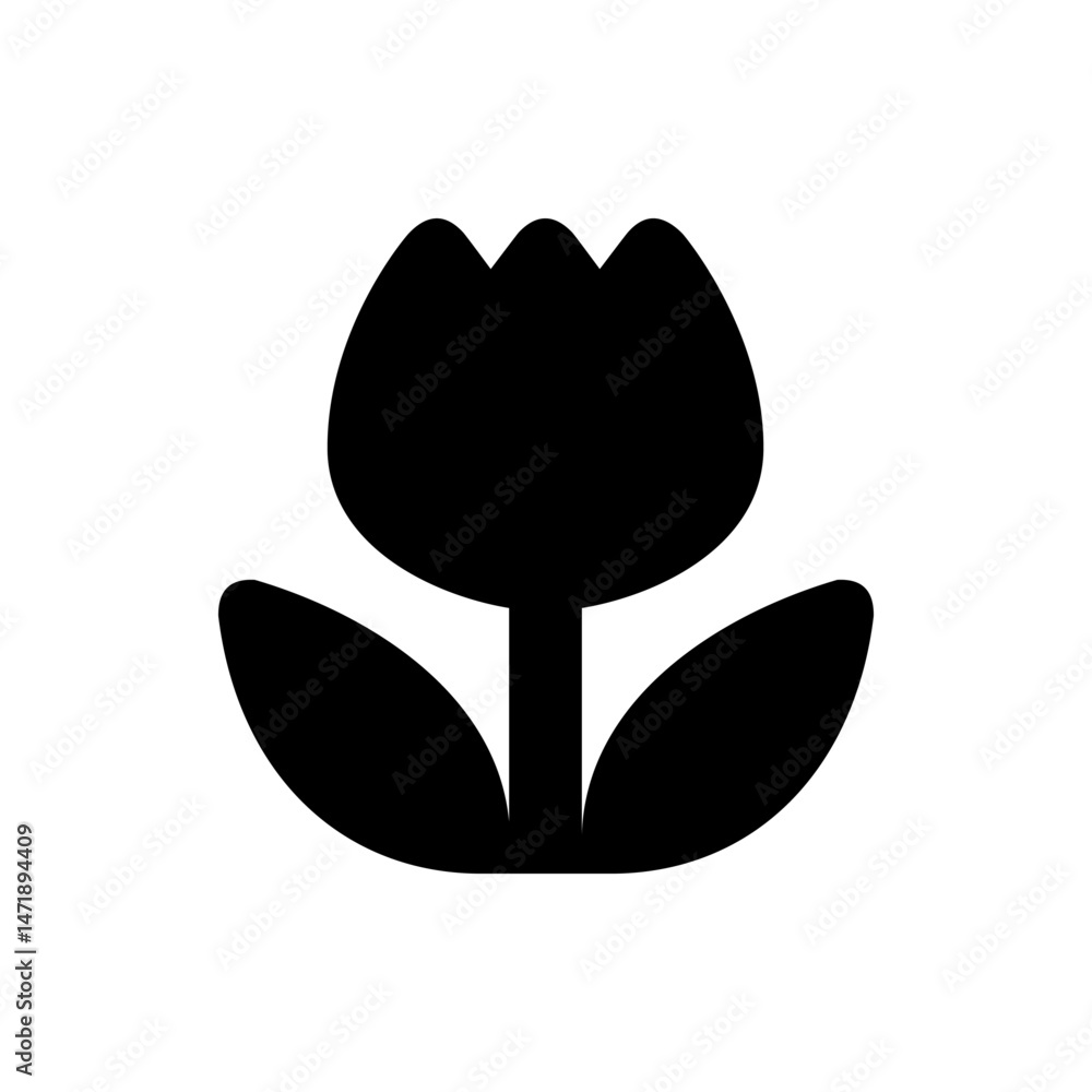Poster silhouette of a tulip flower with three petals and two leaves on a white background in a simple styl