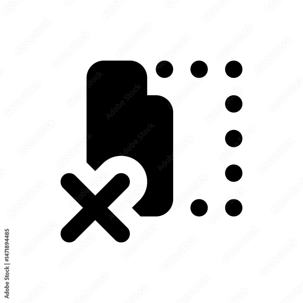 Poster black document icon with a cross and dotted grid pattern indicating deletion or removal operation sy