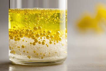 Vibrantly detailed close-up of refreshing probiotic soda alternative in clear glass bottle, effervescent bubbles sharply defined, minimalist softly blurred background