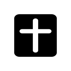 White cross symbol inside a black rounded rectangle shape representing religion and spirituality icon design