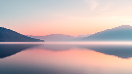 Serene Sunrise  Misty Lake   Mountain Reflections