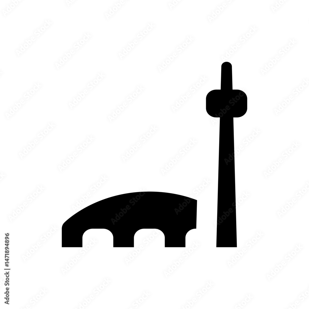 Poster silhouette depiction of a tower next to an arched structure with three visible archways below it