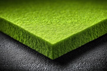 Close-up of bright green acoustic panel, showcasing the soundproofing surface and texture, resting on a dark textured material with interesting macro details.