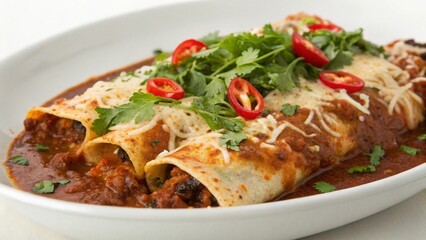 Close view of spicy enchiladas dripping with sauce and gooey cheese fresh from oven