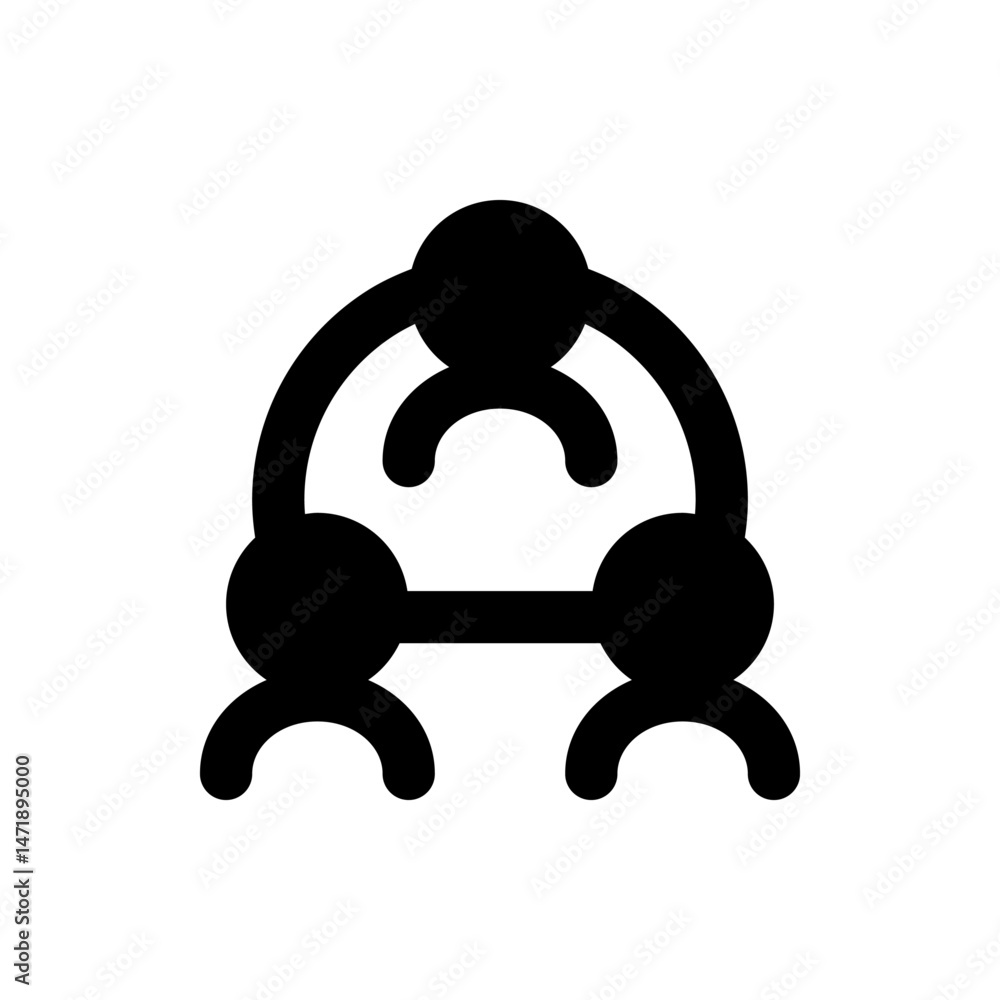 Poster illustration of a stylized structure with circles connected by curved and straight lines on white ba