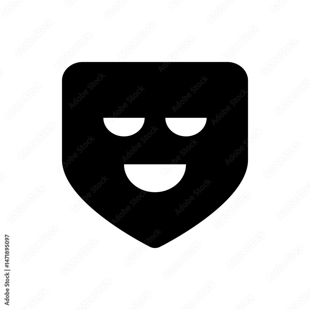 Poster stylized black shield shape with rounded corners and a smiling face with two eyes and a mouth design