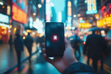 Low Battery Phone on Neon-Lit City Street