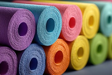 A vibrant stack of colorful rolls, featuring a variety of textures and hues creating a visually striking, artful abstract design suitable for creative projects.