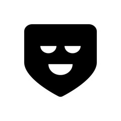 Stylized black shield shape with rounded corners and a smiling face with two eyes and a mouth design