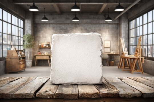 A blank square canvas, perfect for adding your unique artistic vision, placed on an old, rustic wooden table, with a bright artist studio as a backdrop.