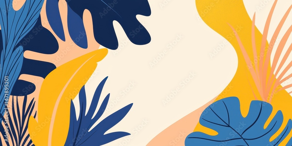 Poster abstract tropical leaves in blue and yellow hues frame a soft beige background, creating a vibrant a