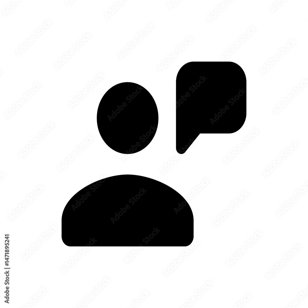 Poster silhouette of a person with a circular head and a speech bubble indicating communication or conversa