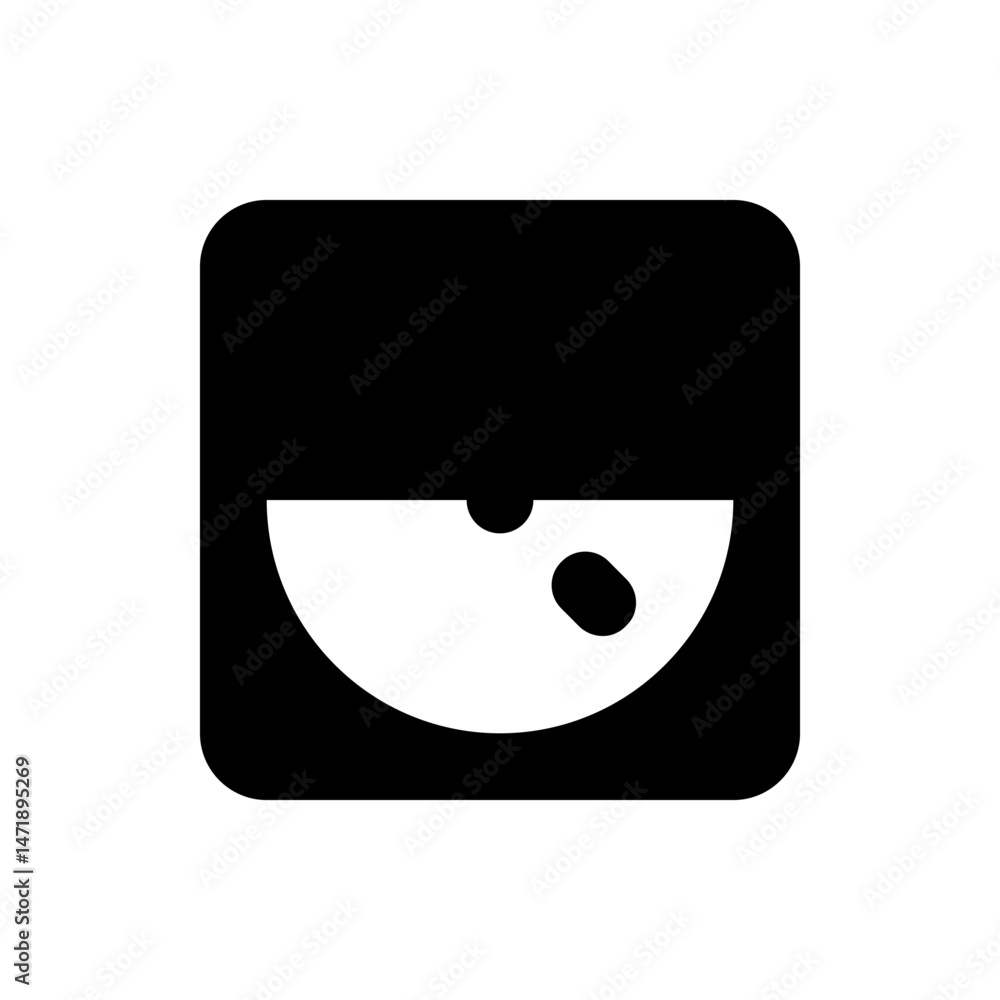 Aufkleber illustration of a rounded square shape with a semi circle and two dots inside in black and white col