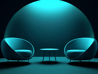 Teal Armchairs   Coffee Table  Modern Interior Design  Minimalist Lounge Setting  Dark Roo