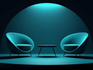 Teal Lounge Chairs  Modern Coffee Table  Dark Room  Minimalist Interior Design
