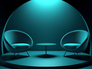 Teal Lounge Chairs  Modern Interior Design  Minimalist Room  Cozy Setup  Round Table