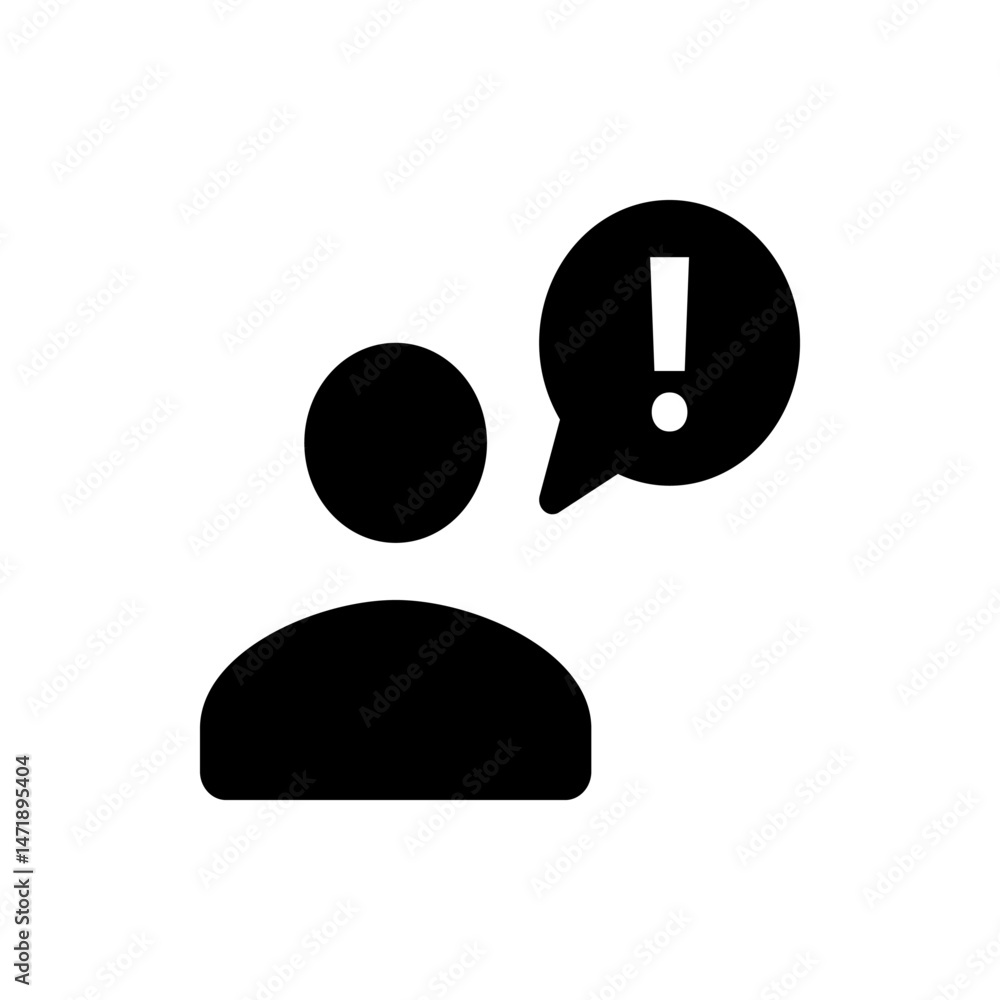 Poster person icon with head as circle and torso with rounded bottom and exclamation mark in speech bubble