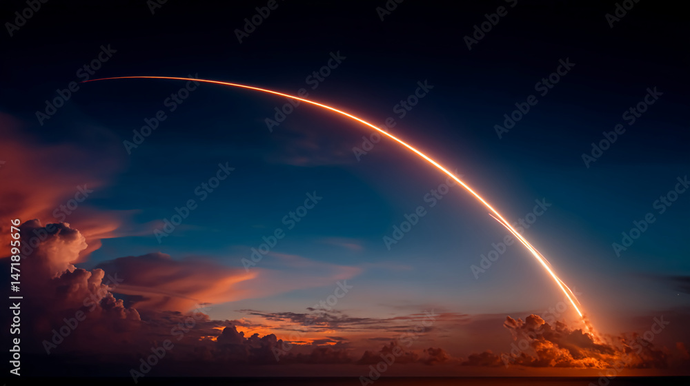 Poster orange rocket trail against a twilight sky, cloudscape below. represents space exploration, ambition