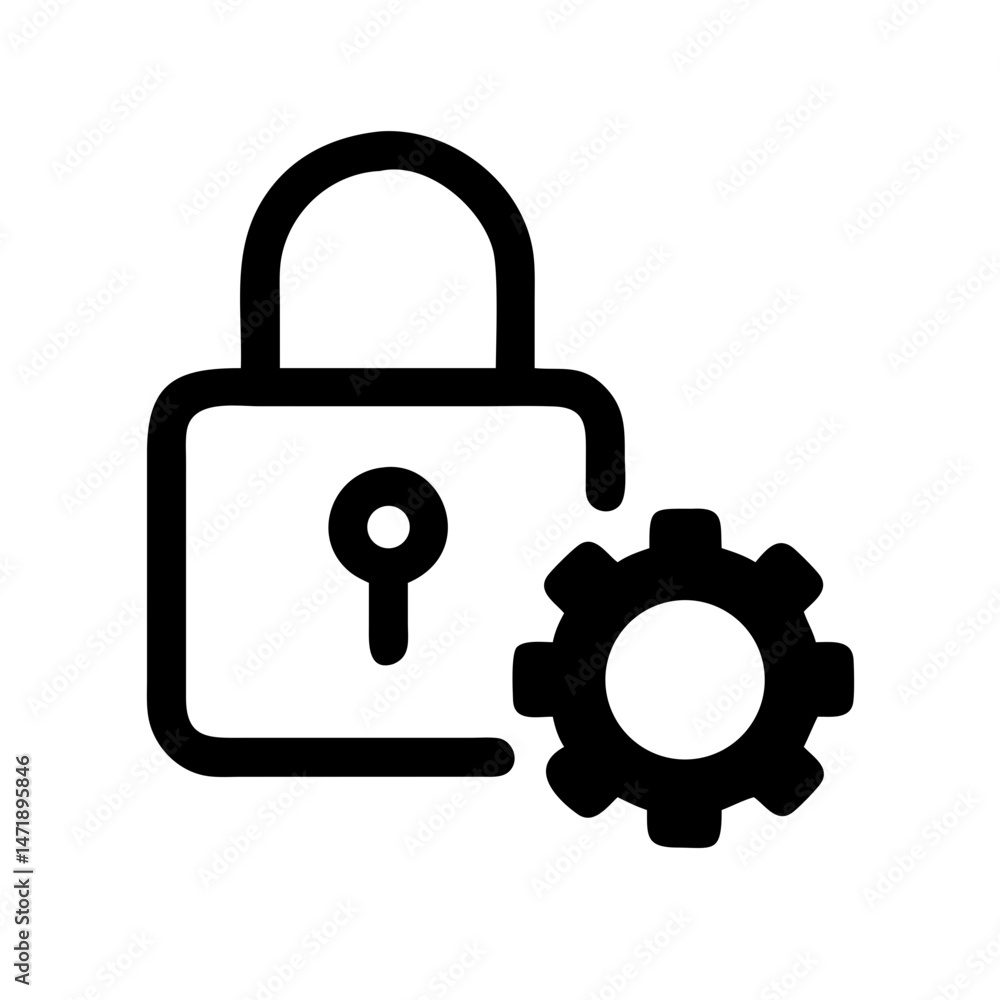 Poster black outline icon of a padlock combined with a gear, representing security settings. suitable for t