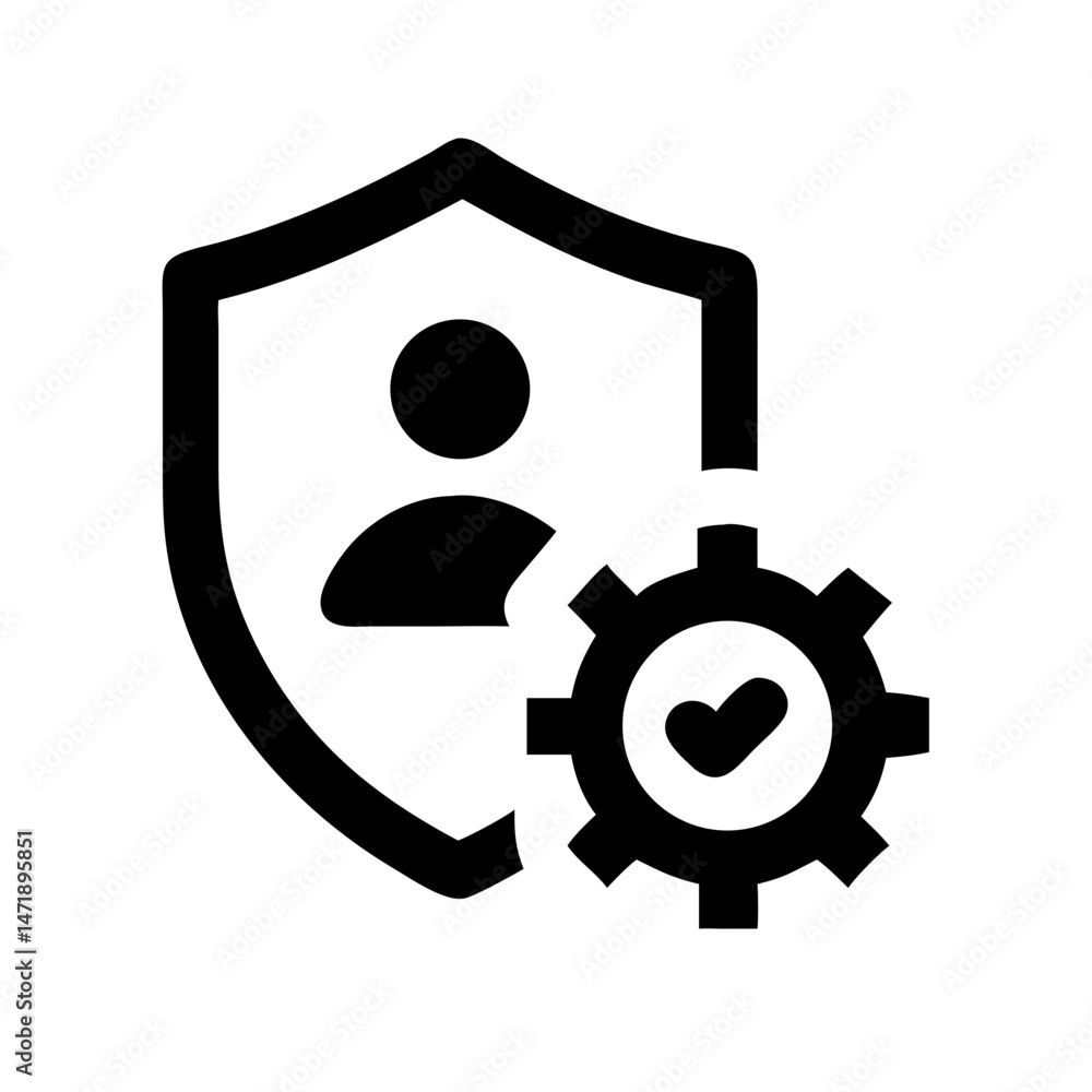 Poster black silhouette icon of a person inside a shield with a gear and checkmark, representing user secur
